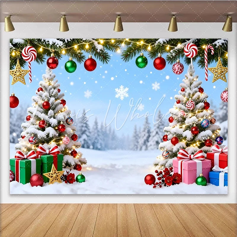 Lofaris Snowy Christmas Tree Backdrop with Red and Green Ornaments Festive Winter Holiday Background for Photography and Party Decor