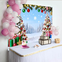 Lofaris Snowy Christmas Tree Backdrop with Red and Green Ornaments Festive Winter Holiday Background for Photography and Party Decor