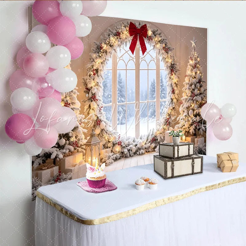 Lofaris Snowy Christmas Tree Backdrop with Red Bow and Winter Window Festive Holiday Background for Family Photoshoot