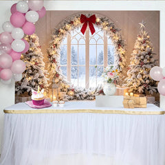 Lofaris Snowy Christmas Tree Backdrop with Red Bow and Winter Window Festive Holiday Background for Family Photoshoot