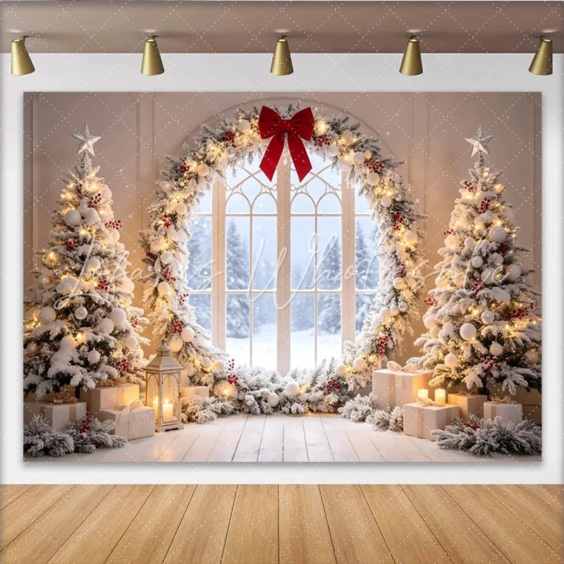 Lofaris Snowy Christmas Tree Backdrop with Red Bow and Winter Window Festive Holiday Background for Family Photoshoot