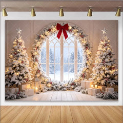 Lofaris Snowy Christmas Tree Backdrop with Red Bow and Winter Window Festive Holiday Background for Family Photoshoot