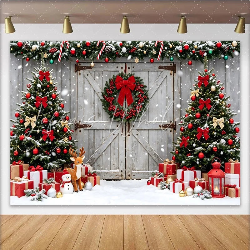 Lofaris Snowy Christmas Tree Backdrop with Rustic Barn Door and Red Wreath Festive Winter Holiday Background for Family Photos