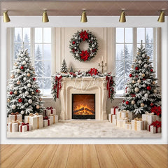 Lofaris Snowy Christmas Tree Photography Backdrop with Fireplace and Festive Wreath Elegant Holiday Background for Winter Celebration