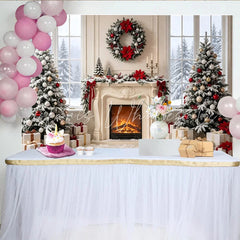 Lofaris Snowy Christmas Tree Photography Backdrop with Fireplace and Festive Wreath Elegant Holiday Background for Winter Celebration