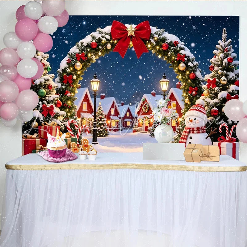 Lofaris Snowy Christmas Village Backdrop with Festive Arch Decorated Trees and Snowman Winter Wonderland Background for Holiday Photography