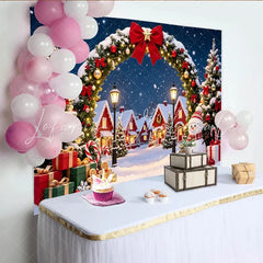 Lofaris Snowy Christmas Village Backdrop with Festive Arch Decorated Trees and Snowman Winter Wonderland Background for Holiday Photography