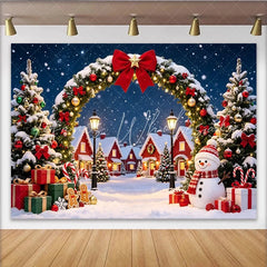 Lofaris Snowy Christmas Village Backdrop with Festive Arch Decorated Trees and Snowman Winter Wonderland Background for Holiday Photography