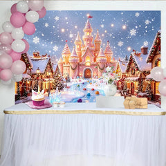 Lofaris Snowy Christmas Village Backdrop with Pink Castle and Reindeer Enchanting Holiday Background for Festive Winter Event Photography