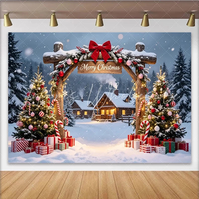 Lofaris Snowy Christmas Village Photography Backdrop with Decorated Trees and Presents Festive Holiday Background for Winter Party Decor