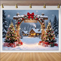 Lofaris Snowy Christmas Village Photography Backdrop with Decorated Trees and Presents Festive Holiday Background for Winter Party Decor