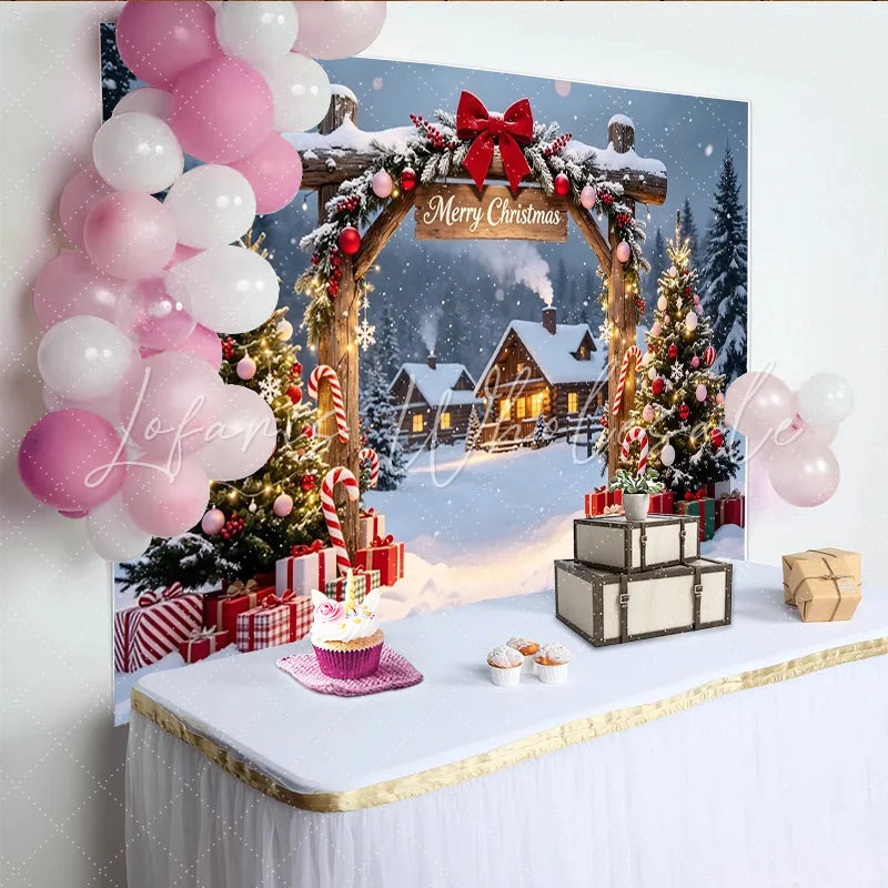 Lofaris Snowy Christmas Village Photography Backdrop with Decorated Trees and Presents Festive Holiday Background for Winter Party Decor