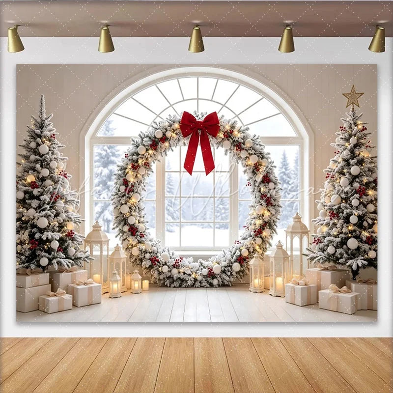Lofaris Snowy Christmas Window Backdrop with Decorated Trees and Red Bow Wreath Elegant Winter Holiday Scene for Festive Decor