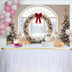Lofaris Snowy Christmas Window Backdrop with Decorated Trees and Red Bow Wreath Elegant Winter Holiday Scene for Festive Decor