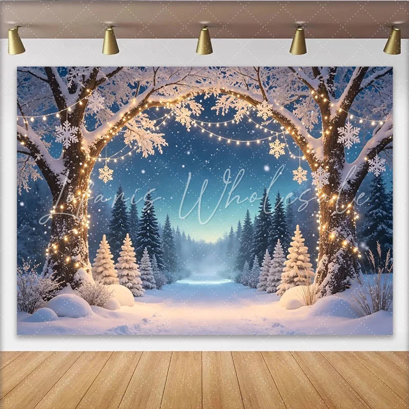 Lofaris Snowy Christmas Winter Wonderland Backdrop with Twinkling Lights and Snowflakes Festive Forest Background for Holiday Party Decor