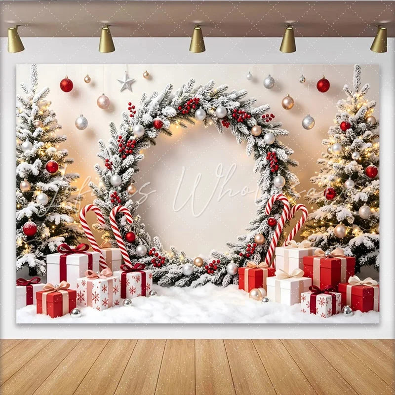 Lofaris Snowy Christmas Wreath Backdrop with Gifts and Candy Canes Festive Winter Holiday Photography Background for Party Decor