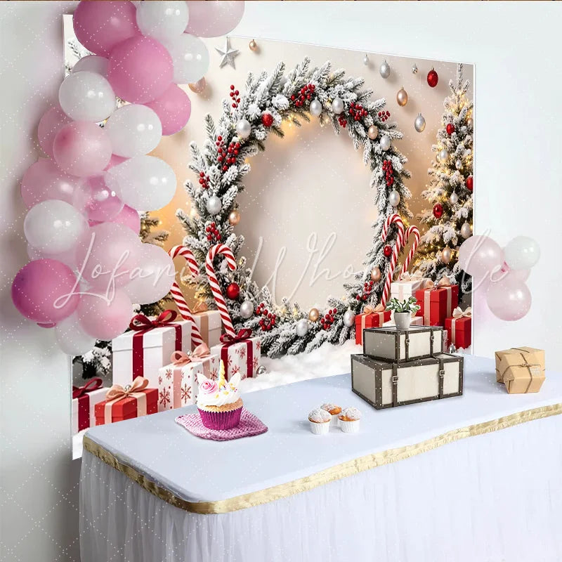 Lofaris Snowy Christmas Wreath Backdrop with Gifts and Candy Canes Festive Winter Holiday Photography Background for Party Decor