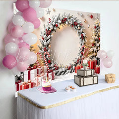 Lofaris Snowy Christmas Wreath Backdrop with Gifts and Candy Canes Festive Winter Holiday Photography Background for Party Decor