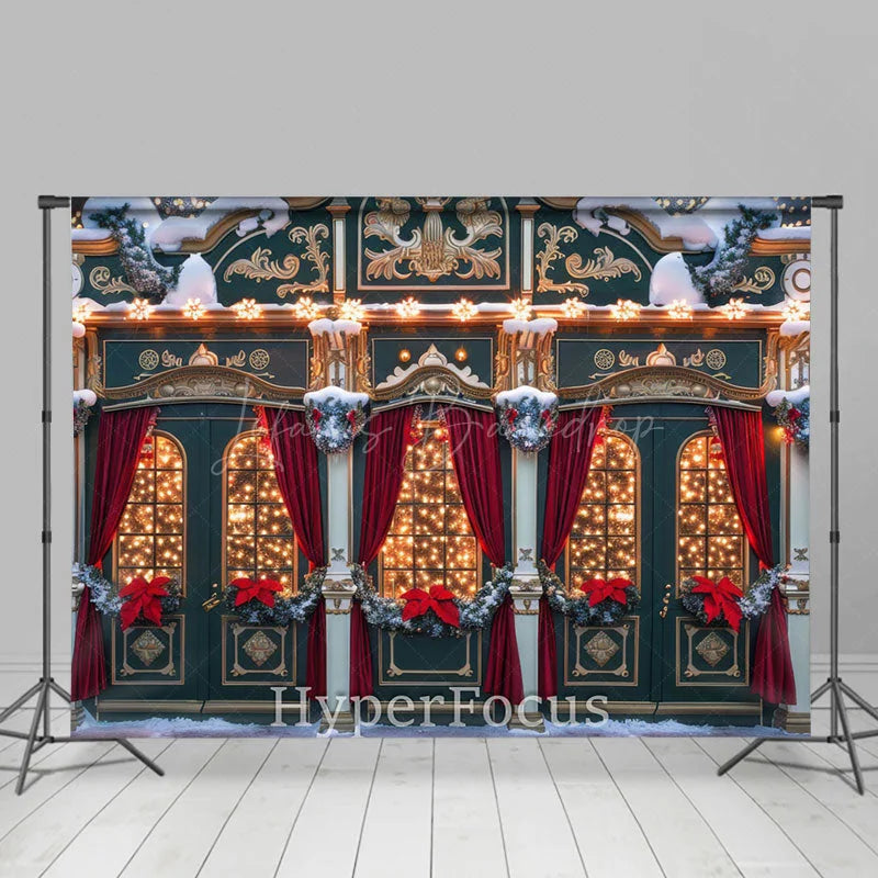 Lofaris Snowy Festive Red Green Store Christmas Backdrop
