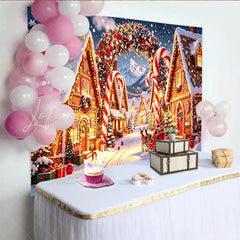 Lofaris Snowy Gingerbread Christmas Holiday Backdrop with Candy Canes Festive Village Background for Winter Wonderland Party Decor.
