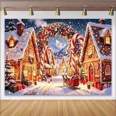 Lofaris Snowy Gingerbread Christmas Holiday Backdrop with Candy Canes Festive Village Background for Winter Wonderland Party Decor.