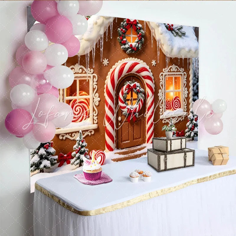 Lofaris Snowy Gingerbread House Christmas Backdrop with Candy Canes and Wreaths Festive Winter Holiday Background for Family Photos