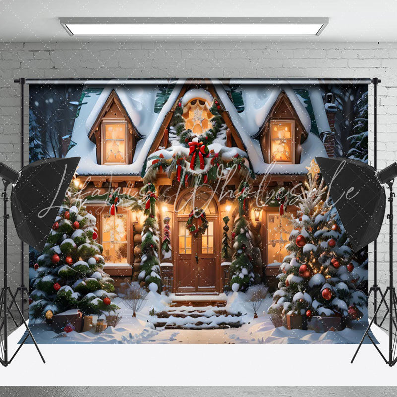Lofaris Snowy House Pine Leaves Trees Christmas Backdrop