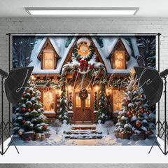 Lofaris Snowy House Pine Leaves Trees Christmas Backdrop
