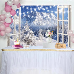Lofaris Snowy Mountain Christmas Window Backdrop with String Lights Beautiful Winter Photography Background for Holiday Decor