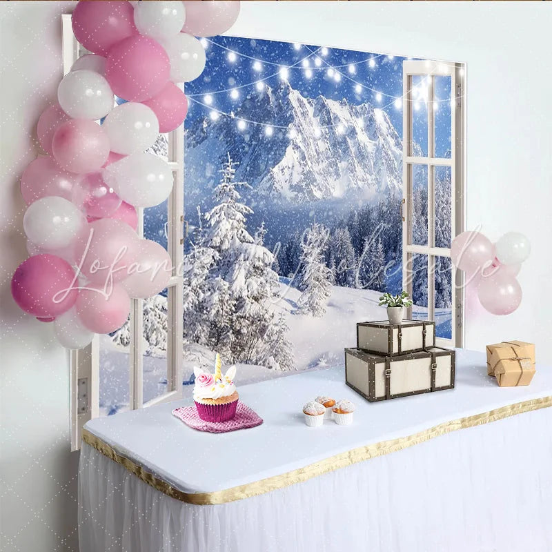 Lofaris Snowy Mountain Christmas Window Backdrop with String Lights Beautiful Winter Photography Background for Holiday Decor