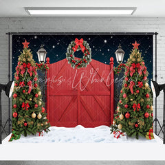 Lofaris Snowy Night Red Door Wreath Tree Christmas Backdrop