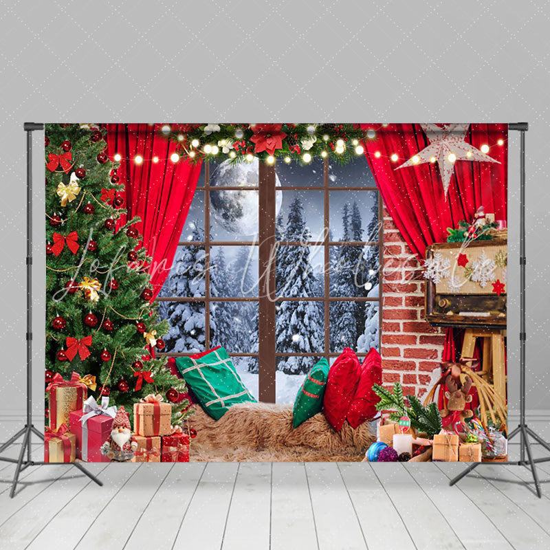 Lofaris Snowy Night Scene Festive Red Christmas Backdrop