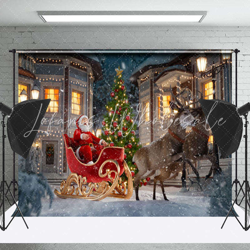 Lofaris Snowy Night Town Scene Santa Elk Christmas Backdrop