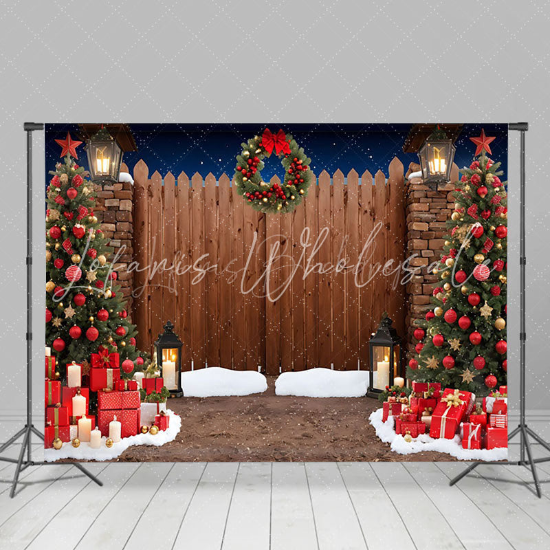 Lofaris Snowy Night Wooden Gate Tree Gift Christmas Backdrop