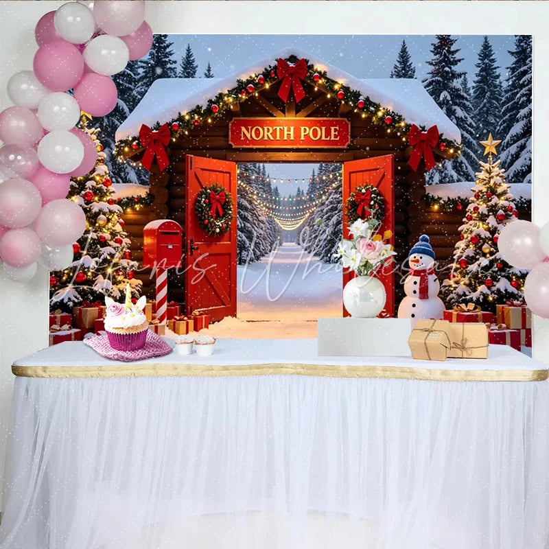 Lofaris Snowy North Pole Christmas Backdrop with Log Cabin Entrance Decorated Trees and Gifts Winter Wonderland Background for Holiday Party