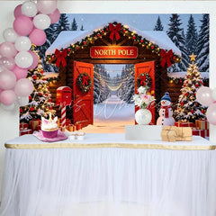 Lofaris Snowy North Pole Christmas Backdrop with Log Cabin Entrance Decorated Trees and Gifts Winter Wonderland Background for Holiday Party