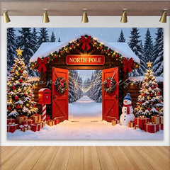 Lofaris Snowy North Pole Christmas Backdrop with Log Cabin Entrance Decorated Trees and Gifts Winter Wonderland Background for Holiday Party