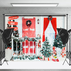 Lofaris Snowy Red White Door And Window Christmas Backdrop