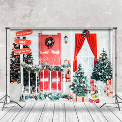 Lofaris Snowy Red White Door And Window Christmas Backdrop
