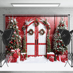 Lofaris Snowy Red Wood Barn Festive Door Christmas Backdrop