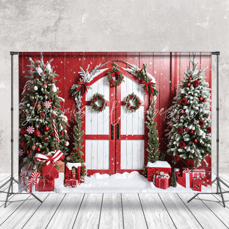 Lofaris Snowy Red Wood Barn Festive Door Christmas Backdrop
