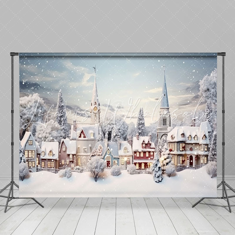 Lofaris Snowy Town Trees Field Winter Christmas Backdrop