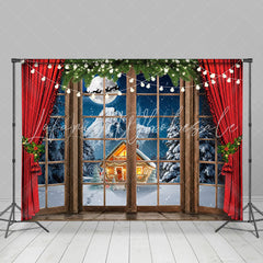 Lofaris Snowy Wild Cabin Night Red Curtain Window Backdrop