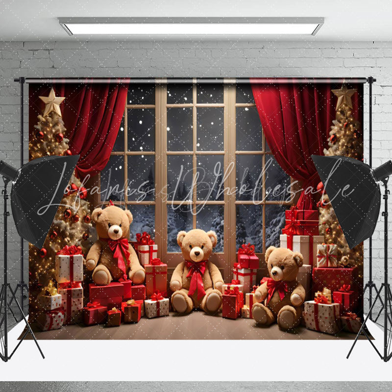 Lofaris Snowy Window Scene Bears Merry Christmas Backdrop