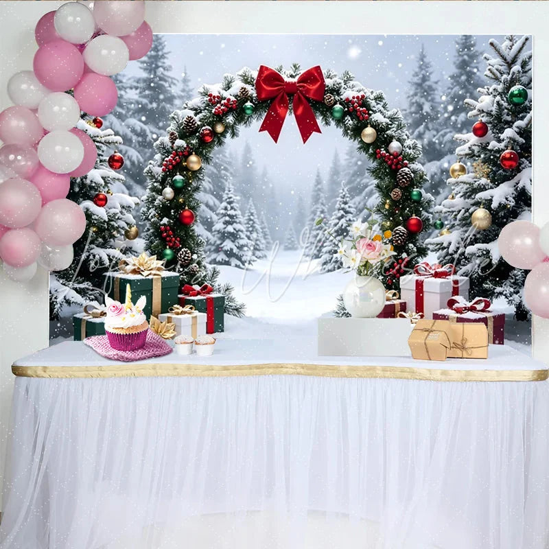 Lofaris Snowy Winter Christmas Arch Backdrop with Red Bow and Gifts Festive Holiday Background for Family Photoshoot and Party Decor