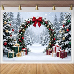 Lofaris Snowy Winter Christmas Arch Backdrop with Red Bow and Gifts Festive Holiday Background for Family Photoshoot and Party Decor