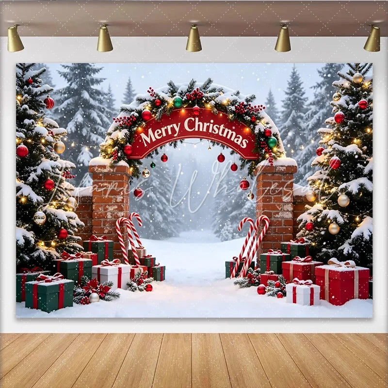 Lofaris Snowy Winter Christmas Backdrop with Merry Christmas Arch Festive Holiday Background for Party Decor and Photoshoot