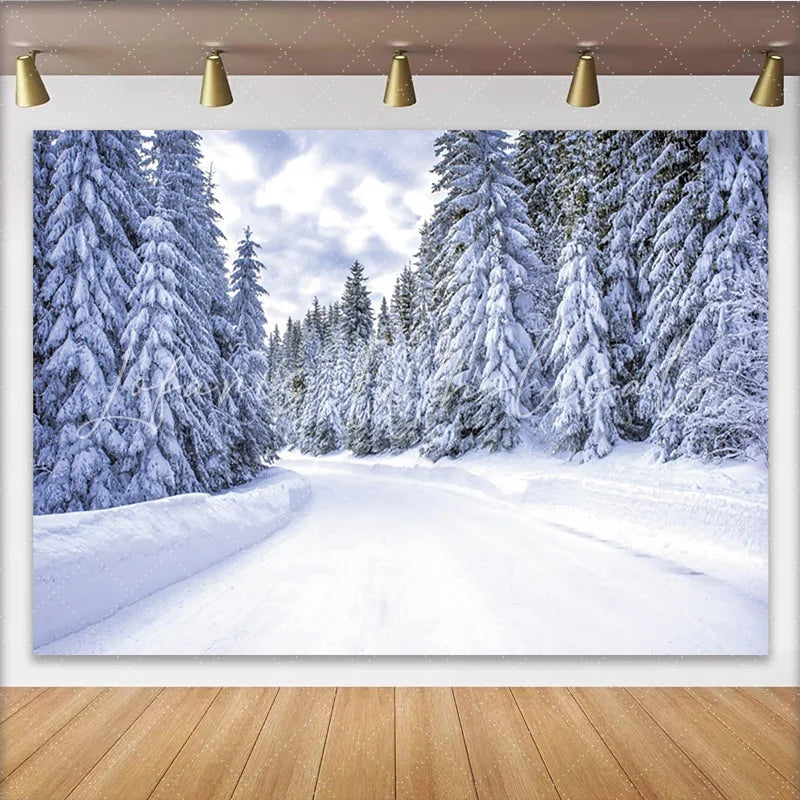 Lofaris Snowy Winter Forest Photography Backdrop with Pine Trees and Winding Road Natural Landscape Background for Holiday Photoshoot