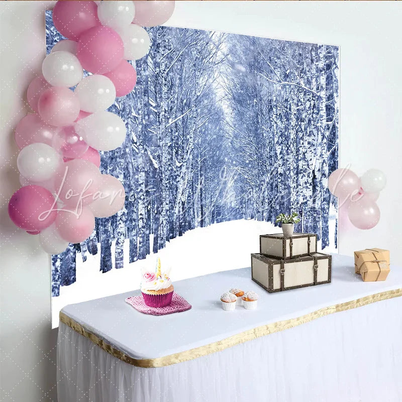 Lofaris Snowy Winter Forest Photography Backdrop with White Birch Trees and Falling Snow Scenic Studio Background for Portrait