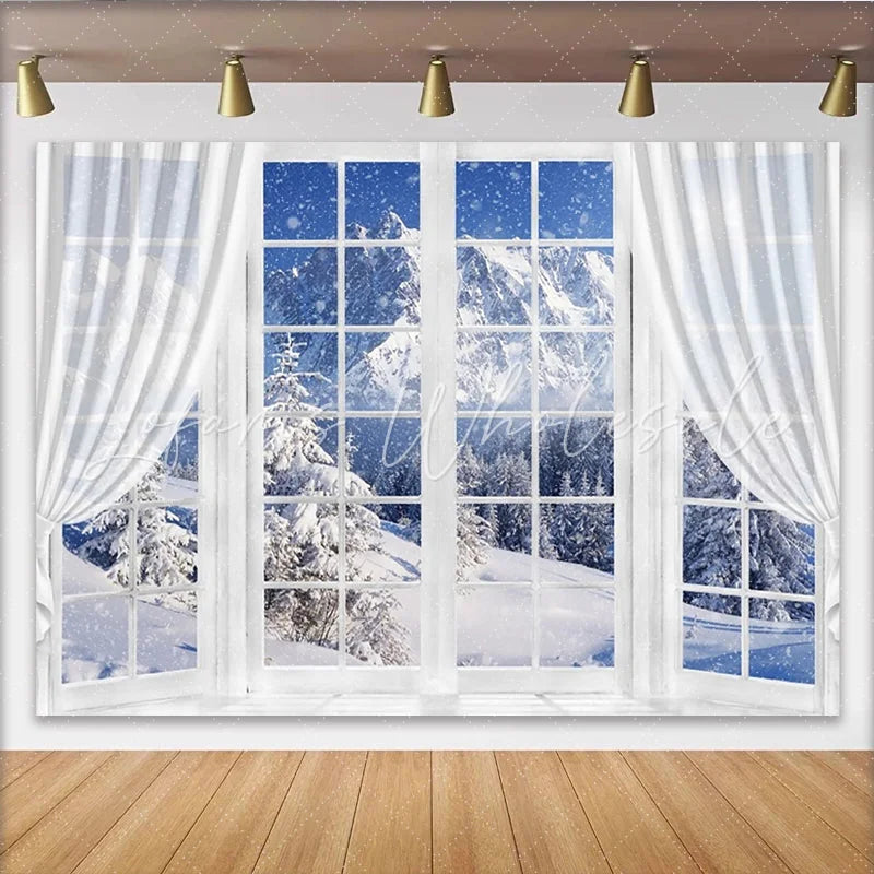 Lofaris Snowy Winter Window View Photography Backdrop with Pine Trees Natural Mountain Landscape Background for Studio Photoshoot